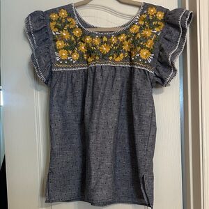 Floral Embroidered Ruffle Sleeve Top